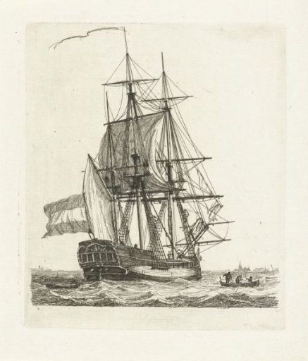 Three-master with two figures in the rigging