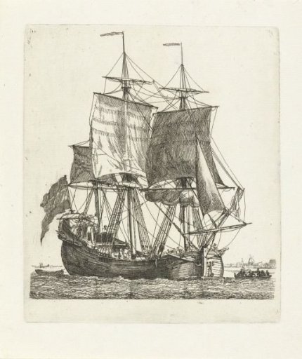 Three-master with flag and two boats