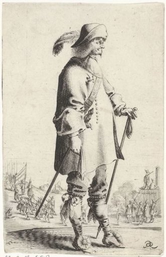 Standing cavalier with a staff, with troops at a bastion in the background