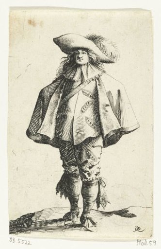 Standing cavalier with a cape and a plumed hat