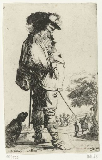 Standing cavalier with a staff, with a dog behind him