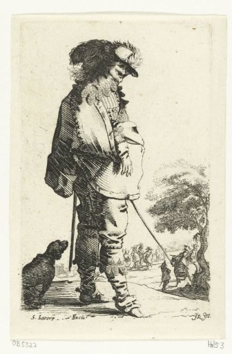 Standing cavalier with a staff, with a dog behind him