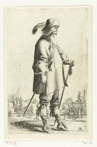 Standing cavalier with a staff, with troops at a bastion in the background