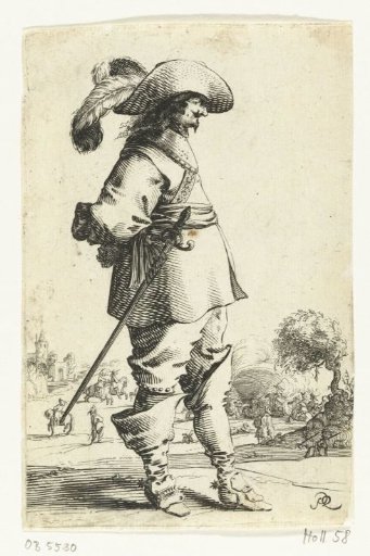 Standing cavalier in profile, with a battle scene with horsemen in the background