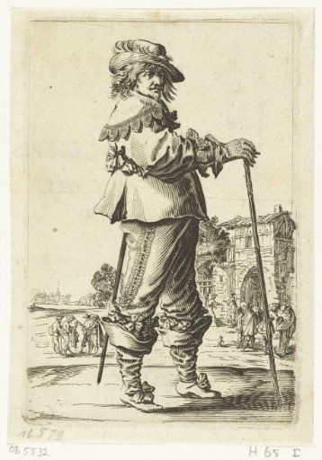 Standing officer with a walking stick, seen from the side
