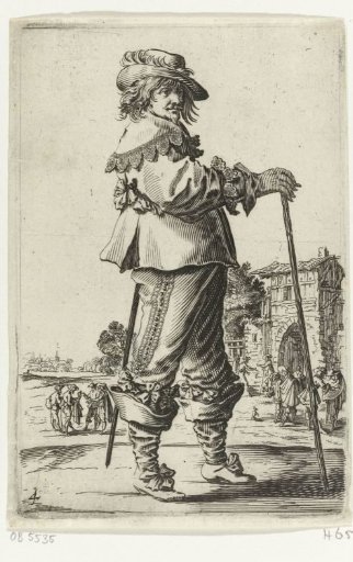 Standing officer with a walking stick, seen from the side