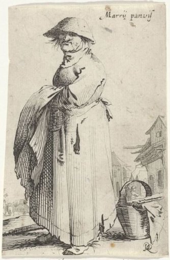 Woman with a cloth over her arm, behind her stands a basket on the ground