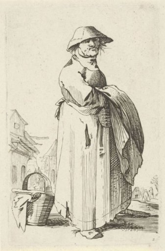 Woman with a cloth over her arm, behind her stands a basket on the ground