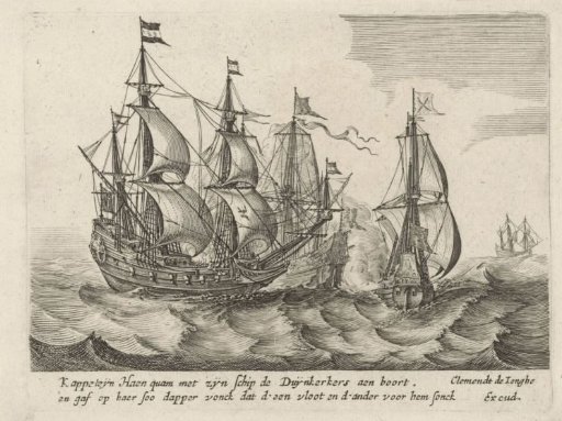 Naval battle between three sailing ships