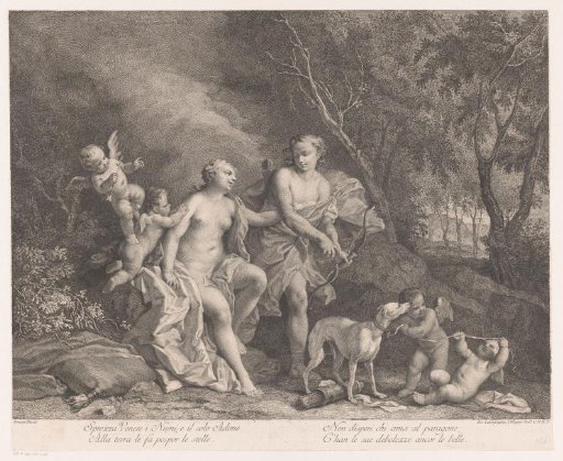 Venus and Adonis as lovers with four putti