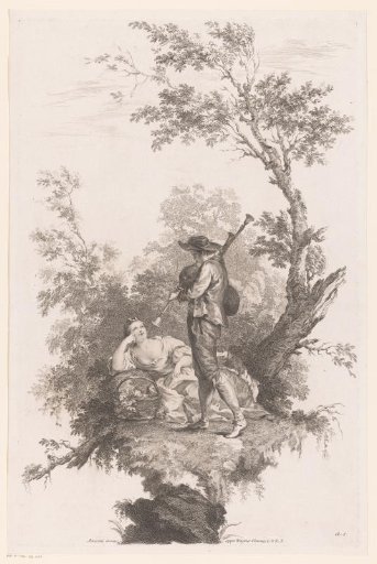 Shepherd playing bagpipes for a young woman