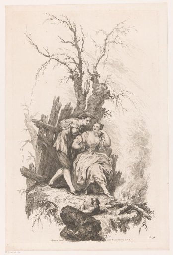 Man and woman with dog by a fire