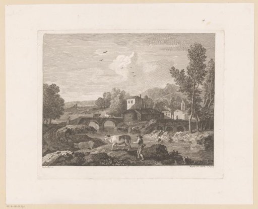 River landscape with shepherd and cows on a bridge