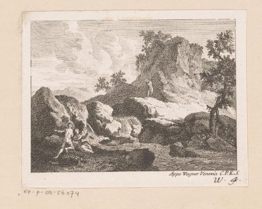 Landscape with two figures by a waterfall and in the background a standing shepherd