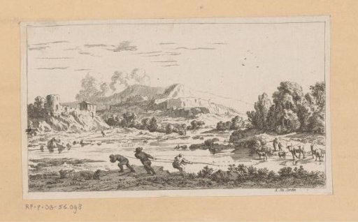 River view with fishermen and shepherds with cattle