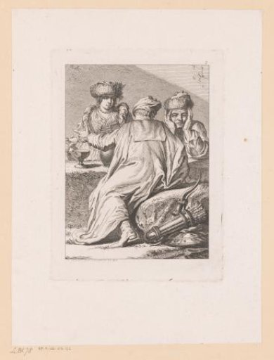 Two Men in Conversation and a Woman