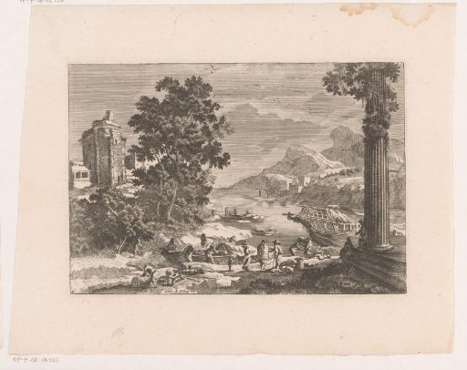 River landscape with ships and a ruin