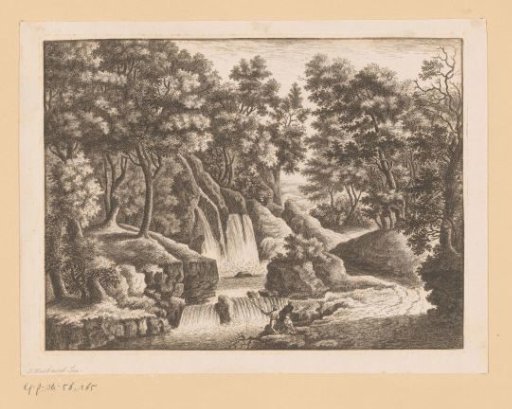 Waterfall in a forest with two fishermen in the foreground