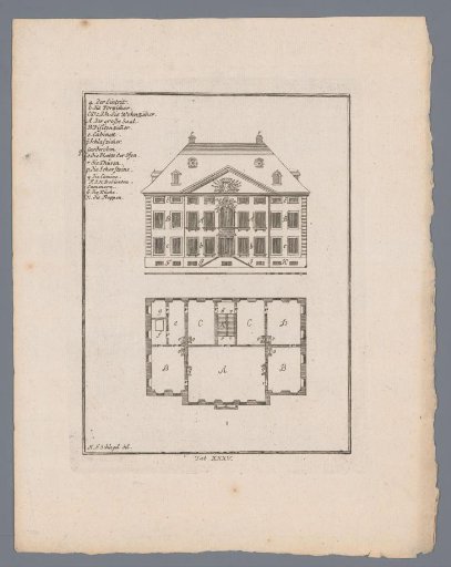 Elevation and floor plan of a country house