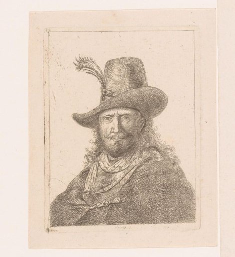Bust of a man with tall hat with plume