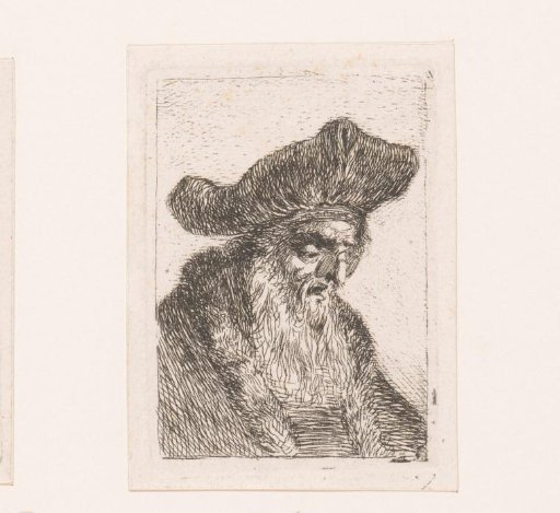 Head of a man with beard and spectacles, with a fur collar and large cap
