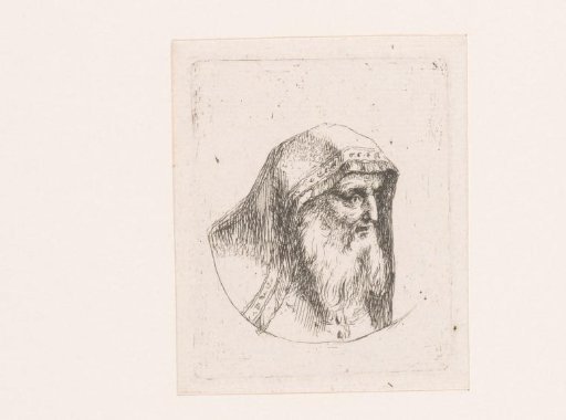 Head of a man with beard and head covered by shawl