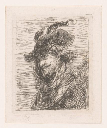 Bust of a man with cap with fluttering plume