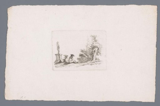 Two men sitting by a statue and a tree