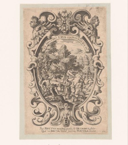 Representation of a man with a lute, a man with a trumpet and Bacchus among fruit trees and animals, surrounded by an ornamental border with grotesques