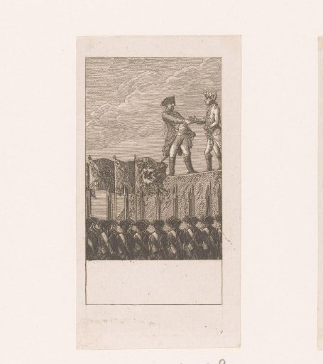 Two soldiers on a platform and a group of soldiers with flags assembled