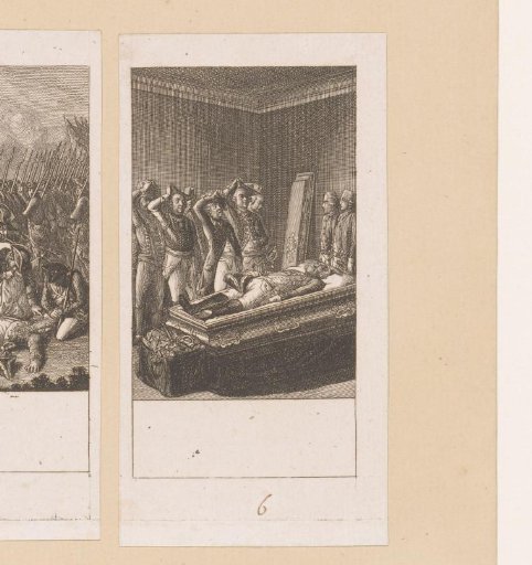 Soldiers by an open coffin in which a soldier lies