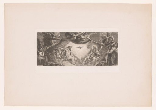 Father, Son and Holy Spirit on cloth held up by angels
