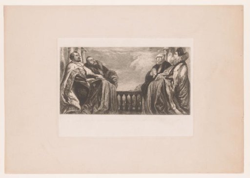Four richly dressed men and women seated praying by a balustrade