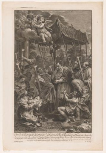 Saint Charles Borromeo carries a crucifix among victims of the plague