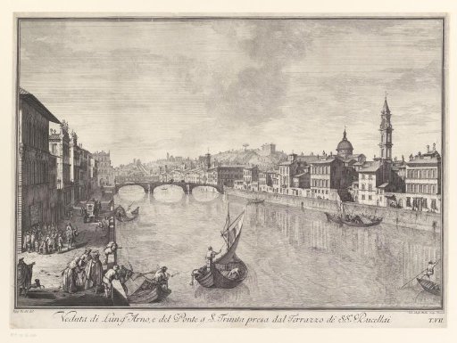 View of the Arno, the Ponte Santa Trinita and the dome and bell tower of the Basilica di Santo Spirito