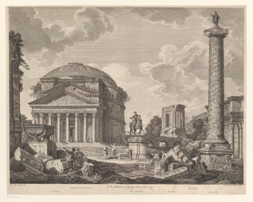 Ruin landscape with the Pantheon, the equestrian statue of Marcus Aurelius, the Temple of the Sibyl and the Trajan Column