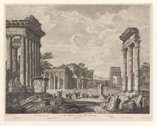 Ruin landscape with the Temple of Antoninus and Faustina, the Arch of Titus and the Temple of Jupiter Optimus Maximus