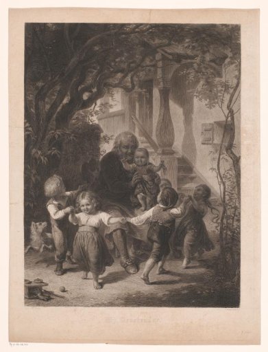 Children dancing in a circle around an old man