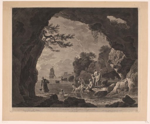 Bathing women at the entrance of a cave