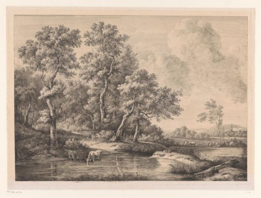 Landscape with a shepherd by a tree and two cows in a pool
