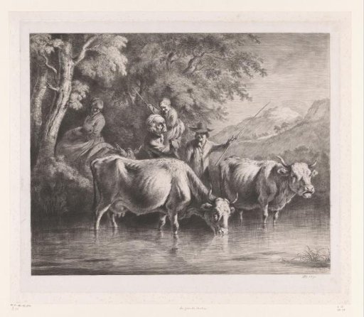 Peasant family with cows at a ford