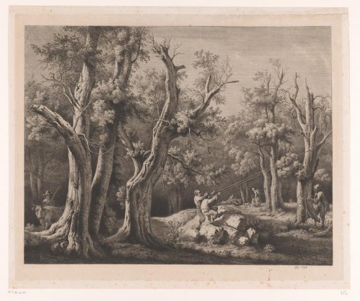 Forest landscape with figures surrounding a dead tree