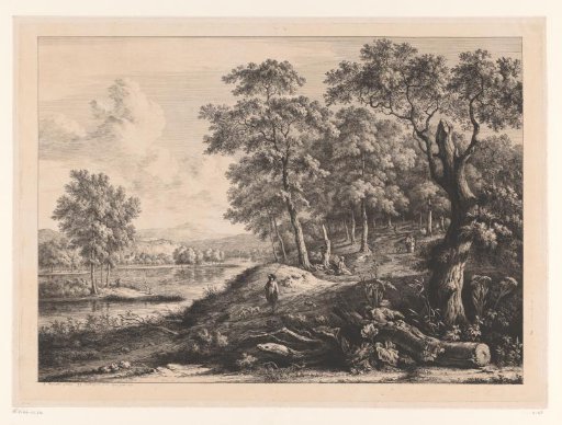River landscape with a walking hunter with three dogs