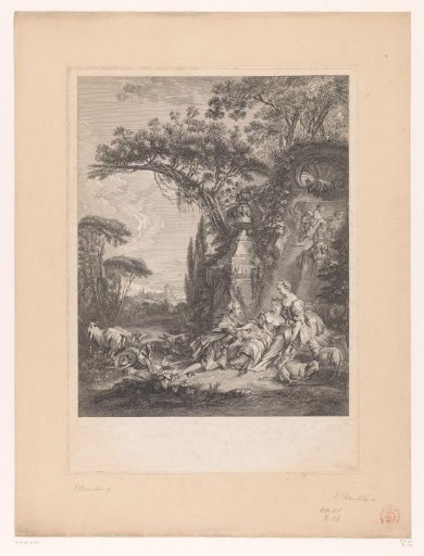 Two women and a man in a garden with statues