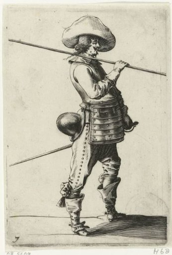Standing soldier with a breastplate and a spear over the shoulder, in profile