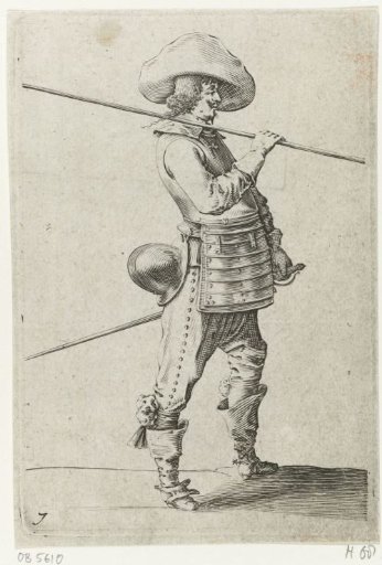 Standing soldier with a breastplate and a spear over the shoulder, in profile
