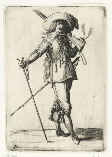 Standing soldier with a musket over the shoulder and a ramrod in the right hand