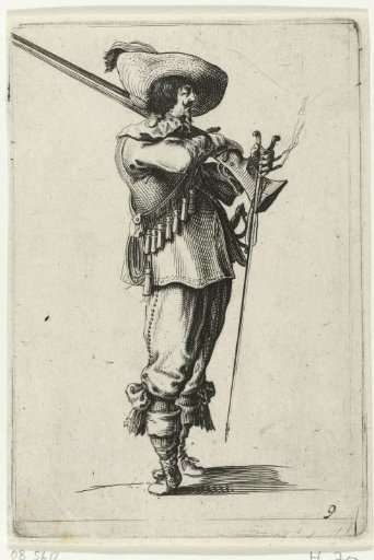 Standing soldier with a musket over the shoulder and a ramrod in the left hand