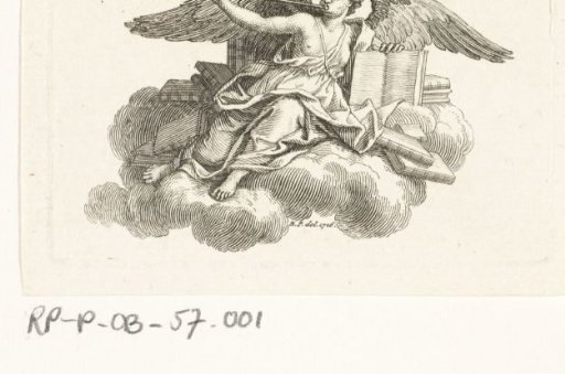 Fame holds a book and blows a trumpet