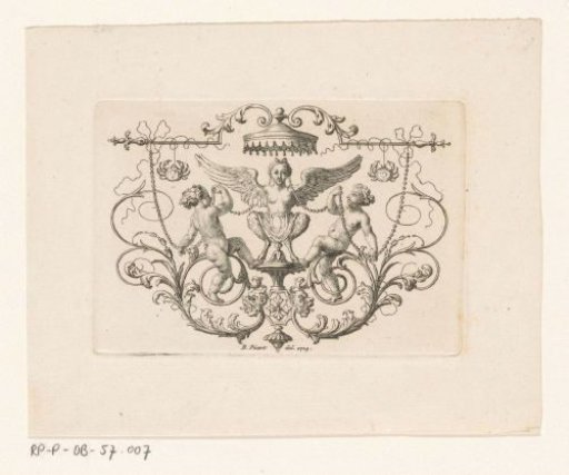 Sphinx figure flanked by putti